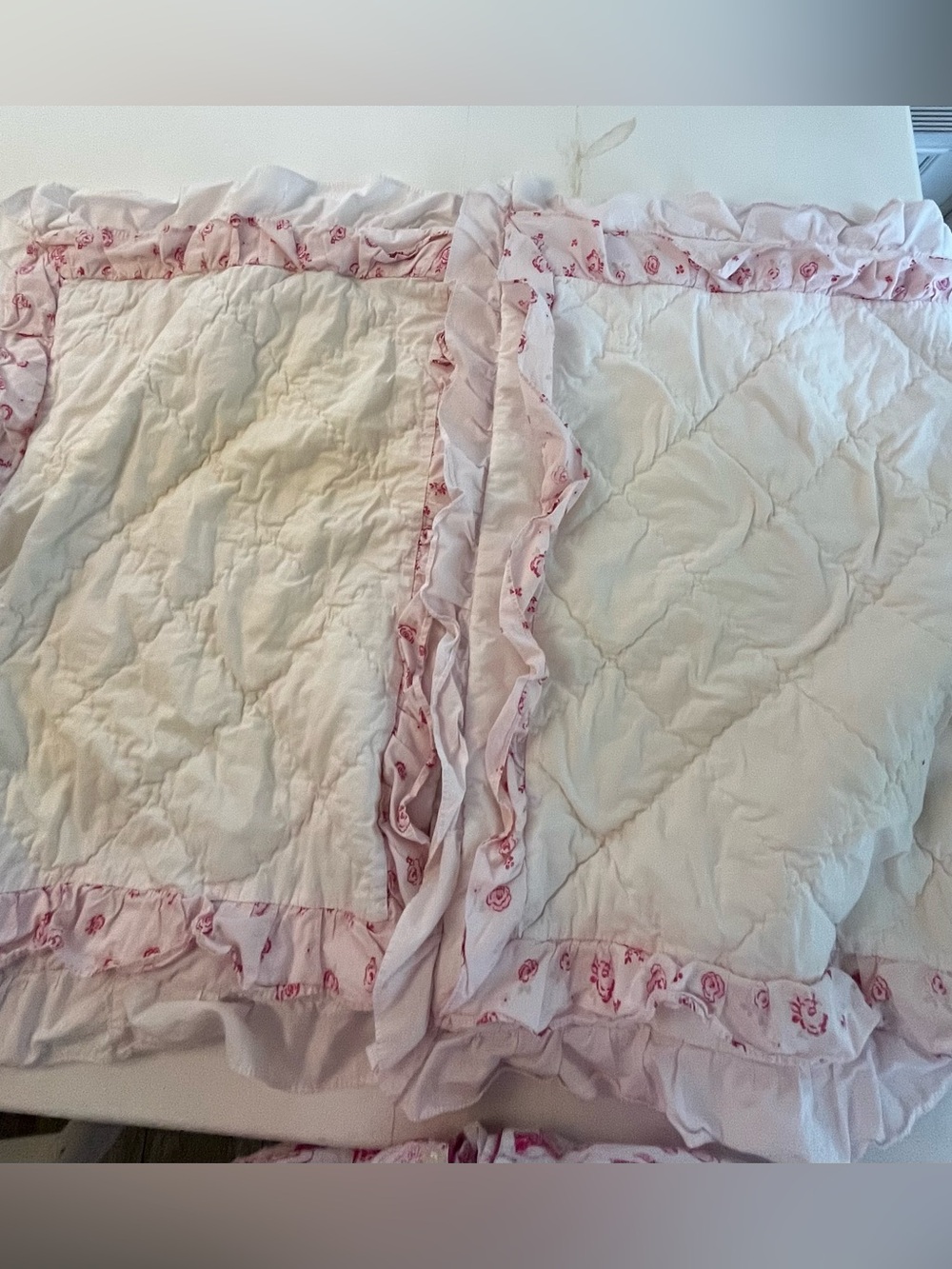 2 Simply Shabby Chic White Quilted Pillow Shams with Pink Ruffle Trim